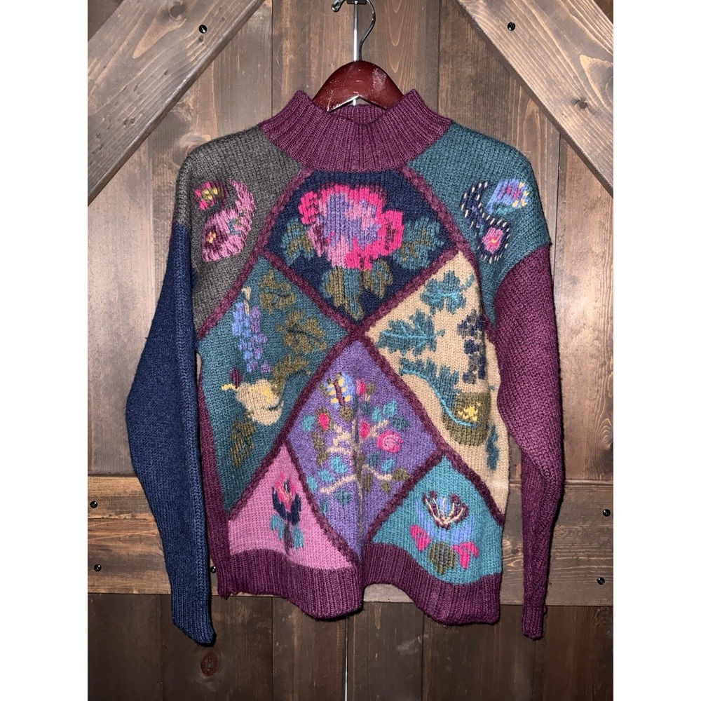 VTG 90s Eddie Bauer Sweater Women's XL 100% Wool Floral Patchwork Pullover